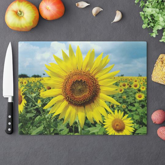 Sunflower Cutting Board, Sunflower Decor, Glass Cutting Board