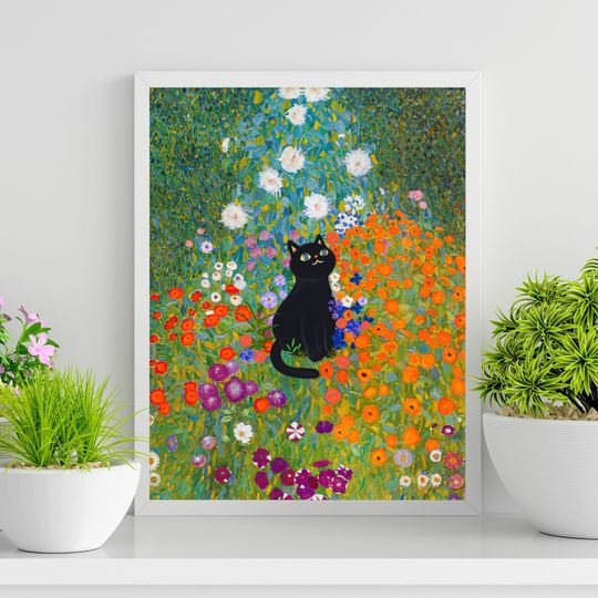 Gustav Klimt Cat Print, Cottage Garden with Black Cat, Gustav Klimt Cat Poster, Cat Poster, Funny Cat Art