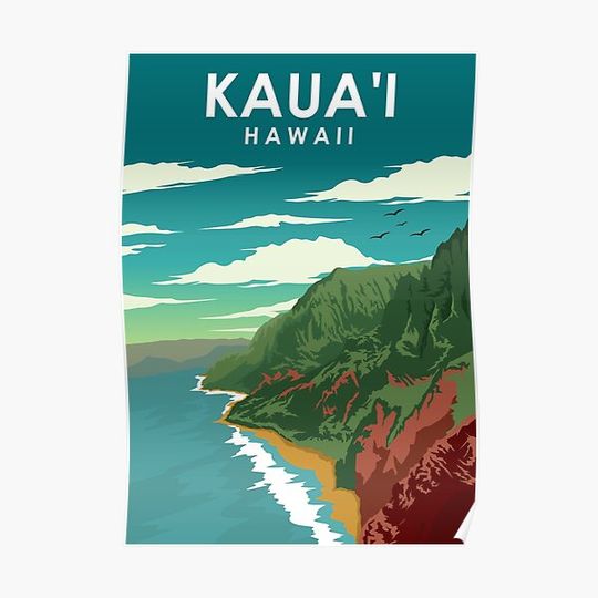 Kauai Hawaii Vintage Minimal Retro Travel Poster Premium Matte Vertical Poster
