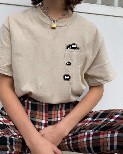 Cute Susuwatari In Pocket Shirt, Spirited Away, My Neighbour Totoro, Ghibli Shirt