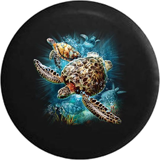 American Salt Water Sea Turtle Family Swimming in The Ocean Light Spare Tire Cover
