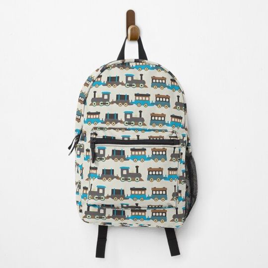 Blue and Brown Wooden Toy Train Backpack