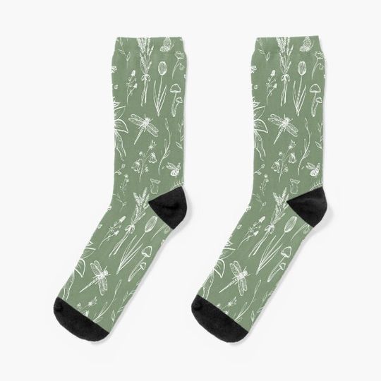 Cottagecore Wildflowers Pattern (Forest Green) Socks