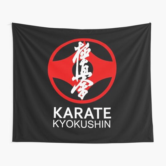 Kyokushin Karate Symbol and Kanji White Text Tapestry