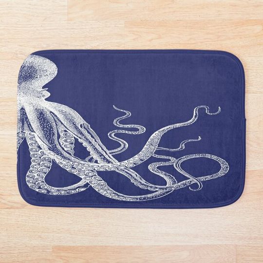 Half Octopus | Right Side | Vintage Octopus | Tentacles | Sea Creatures | Nautical | Ocean | Sea | Beach | Diptych | Navy Blue and White | Bath Mat