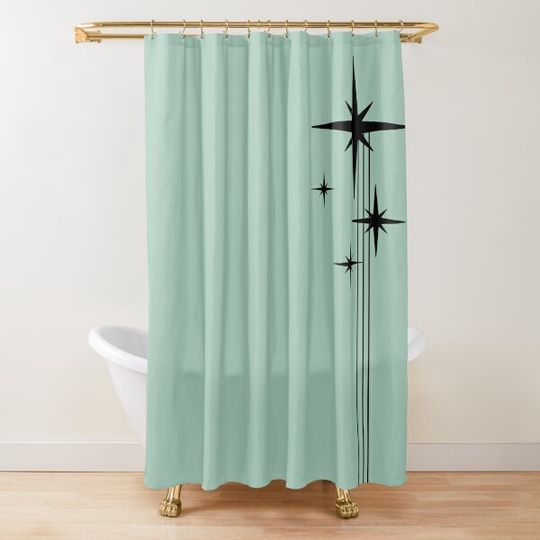 1950s Atomic Age Retro Starburst in Mint Green and Black Shower Curtain