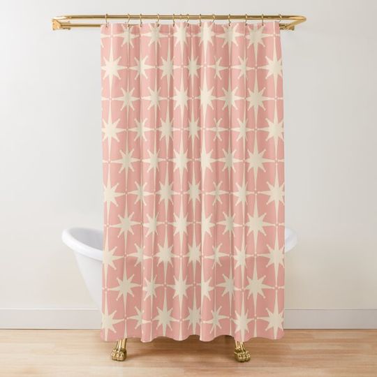 Atomic Age 1950s Retro Starburst Pattern in Cream and Blush Pink Shower Curtain
