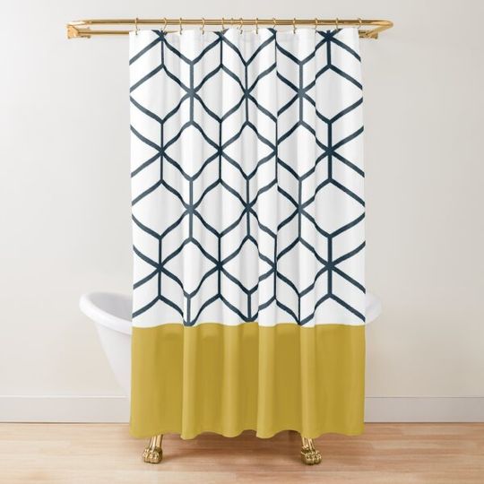 Honeycomb Geometric Lattice 2 in Mustard Yellow, Navy Blue, and White Shower Curtain