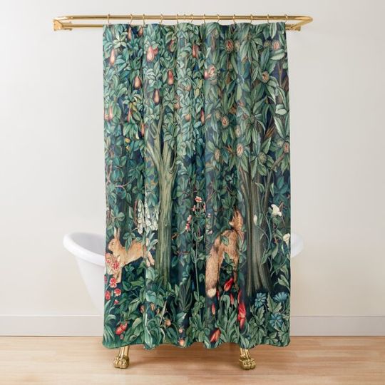 GREENERY, FOREST ANIMALS Fox and Hares Blue Green Floral Tapestry Shower Curtain