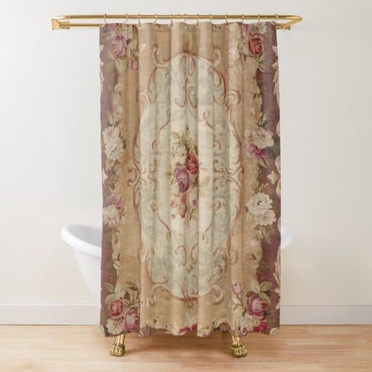 Antique Rose Floral French Aubusson Rug Print Shower Curtain