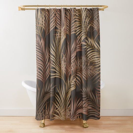 Gold brown hawaii tropical palm leaf rainforest pattern Shower Curtain