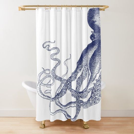 Half Octopus | Left Side | Vintage Octopus | Tentacles | Sea Creatures | Nautical | Ocean | Sea | Beach | Diptych | Navy Blue and White | Shower Curtain