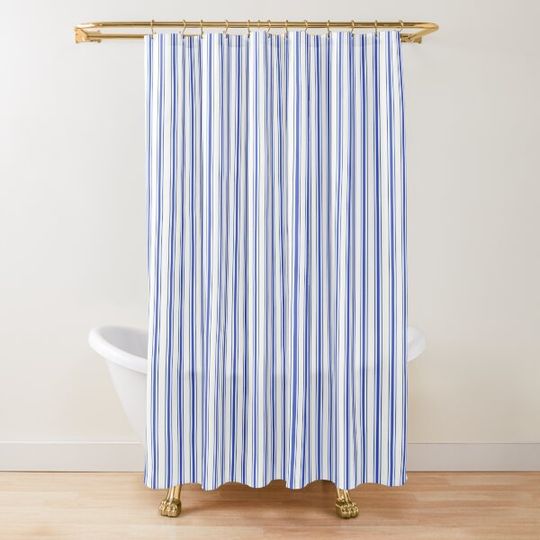 Small Vertical Cobalt Blue and White French Mattress Ticking Stripes Shower Curtain