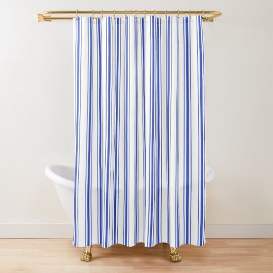 Vertical Cobalt Blue and White French Mattress Ticking Stripes Shower Curtain