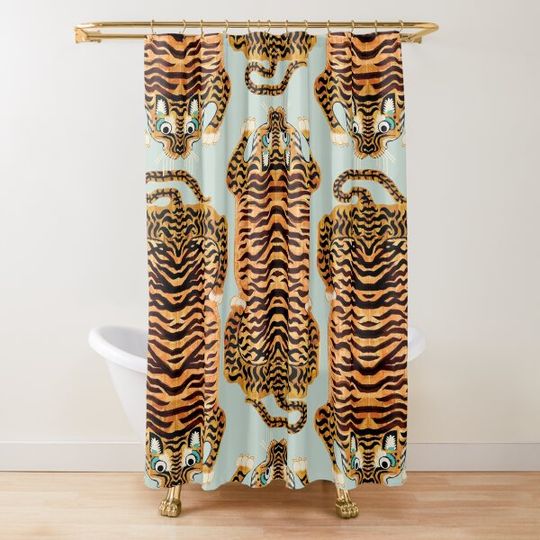 Cute Golden Tibetan Tiger Rug in Sage Shower Curtain