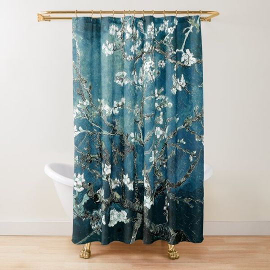Van Gogh Almond Blossoms Dark Teal Shower Curtain