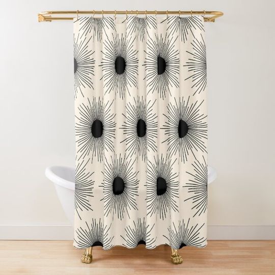 Sunburst Mid-Century Modern Sun Pattern in Black and Almond Cream Shower Curtain