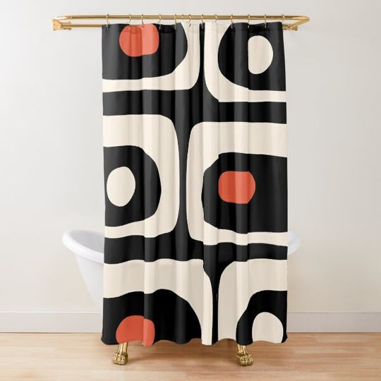 Mid Century Modern Piquet Abstract Pattern Black, Orange, and Almond Cream Shower Curtain