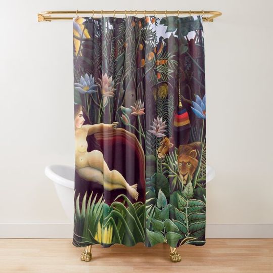 The Dream by Henri Rousseau 1910 // Jungle Lion Flowers Native Female Laying Colorful Landscape Shower Curtain