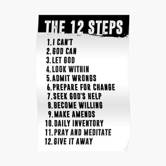 The Twelve (12) Steps Minimal Simple Art - AA, NA, OPA - Addiction Recovery Gift Print - Mental Health Sober Decor Premium Matte Vertical Poster