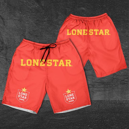Lone Star Red Horizontal Text Shorts, Beer basic men Hawaiian shorts, Lone Star Red Beach Short