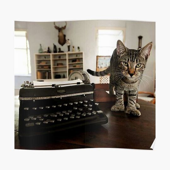 Vintage Ernest Hemingway Tabby Cat on Writing Desk Premium Matte Vertical Poster