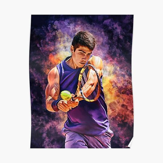 Carlos Alcaraz of Spain plays backhand. Digital artwork print poster. Tennis fan art gift. ATP NextGen Premium Matte Vertical Poster