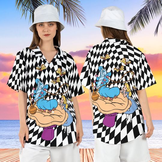 Alice in Wonderland Hawaiian Shirt, Caterpillar Checkered Short Sleeve Shirt