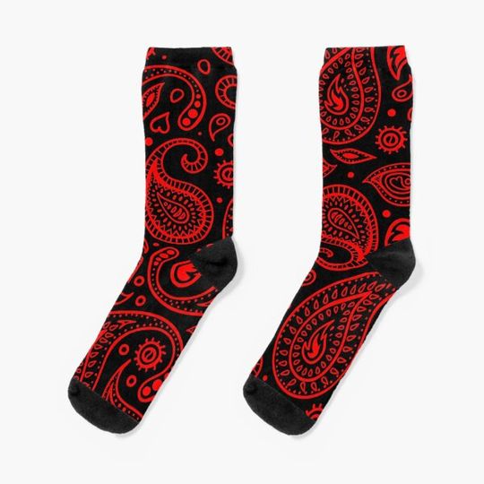 Paisley Pattern Red on Black Background Bandana Style Design Socks