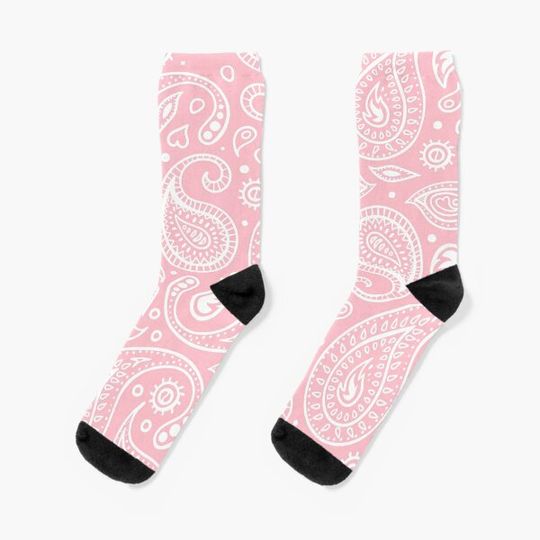 Paisley Pattern White on Light Soft Baby Pink Background Bandana Style Design Socks