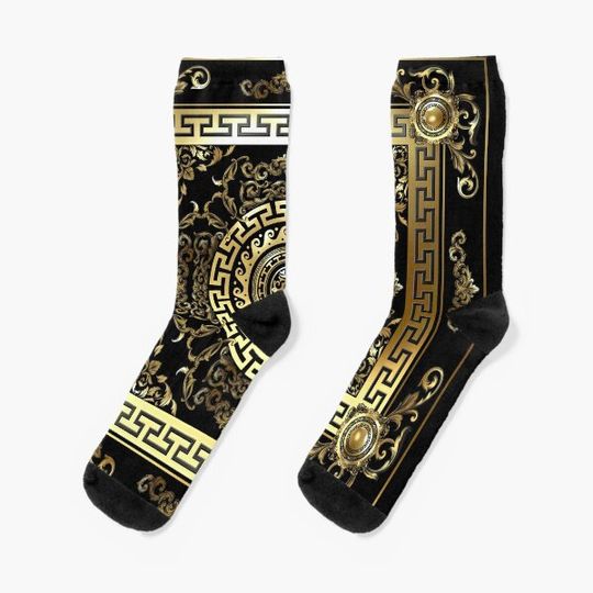 Baroque Gold Black Greek Key Meander Socks