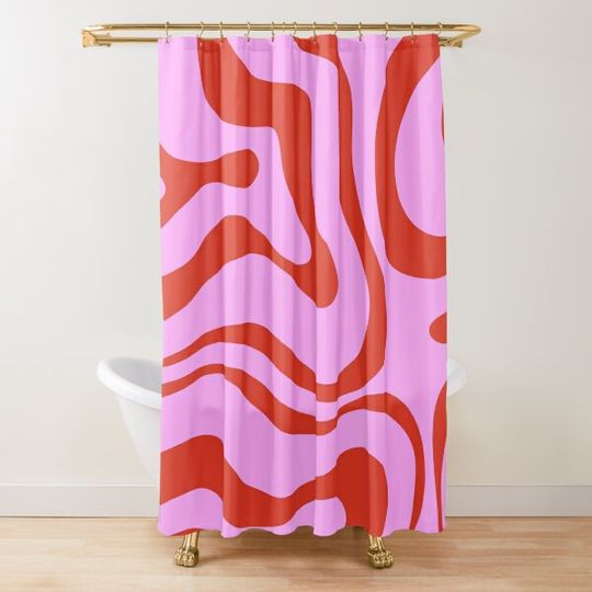 Modern Retro Liquid Swirl Abstract Pattern Square Red and Pink Shower Curtain