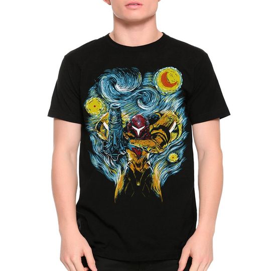 Metroid Starry Night T-Shirt, 100% Cotton Samus Tee,