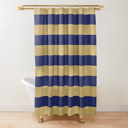 Navy Blue and Gold Metallic Horizontal Stripes Shower Curtain