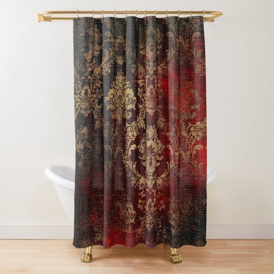 Elegant Black and Red Faux Tapestry With Gold Damask Pattern Shower Curtain
