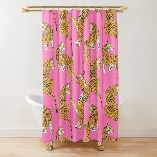 Pink Tiger Repeating Print- Preppy Modern Contemporary Shower Curtain