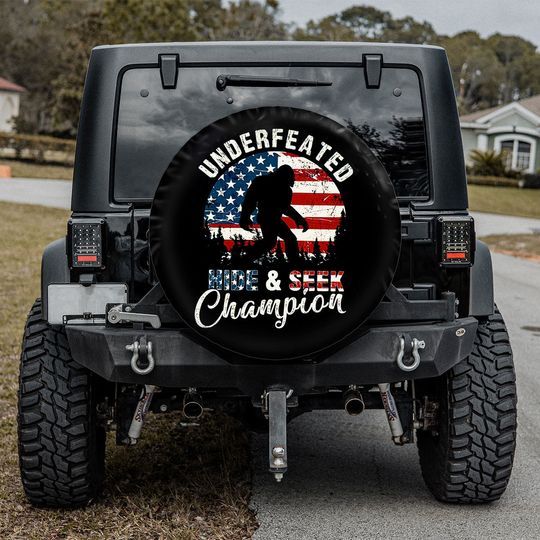 Bigfoot Undefeated Hide And Seek Champions Vintage American Flag Spare Tire Cover