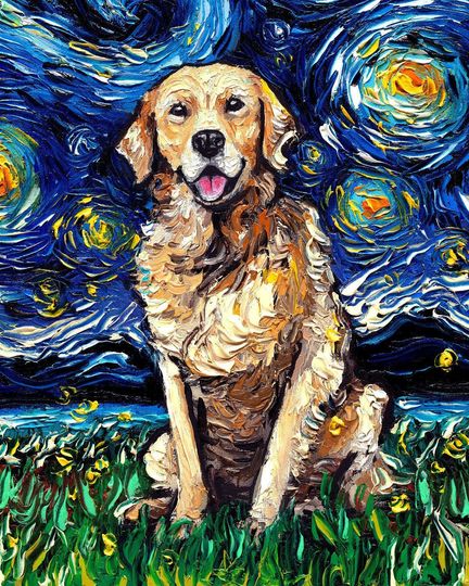 Golden Retriever Art 8x10 Starry Night Print dog lover gift cute art by Aja pup pet poster wall art decor picture