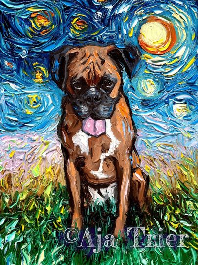 Boxer Dog Boxsue Starry Night Print dog lover gift Aja pet poster wall art decor picture 8x10, 11x14, 16x20, 20x24, 24x30