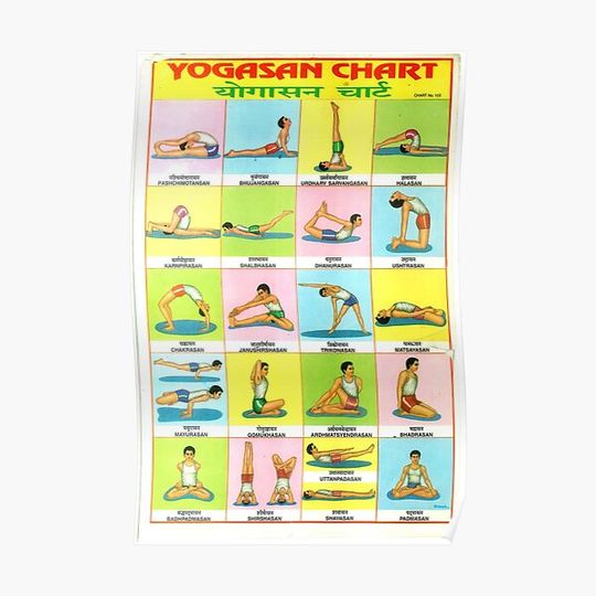 Vintage Illustrated Chart From India - YOGASAN/YOGA POSTURES/YOGA POSES CHART Rare Vintage High Quality Premium Matte Vertical Poster