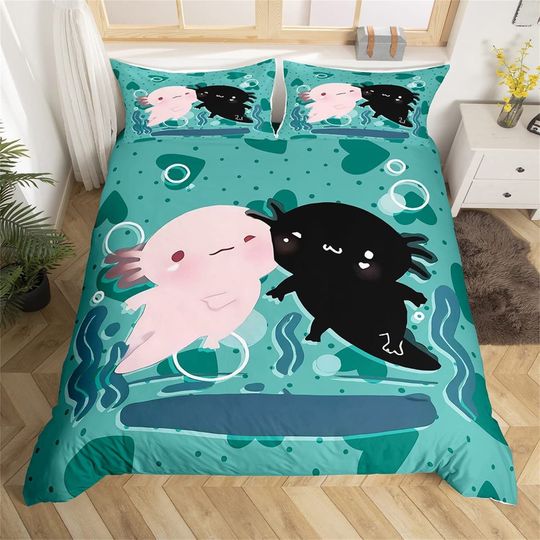 Pink Black Axolotl Handmade Duvet Cover, Cartoon Cute Ocean Animal Salamander Bedding Set