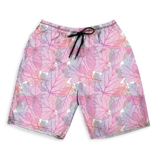 Detailed Leaves Seamless Men Beach Shorts, Hawaiian clothes,
