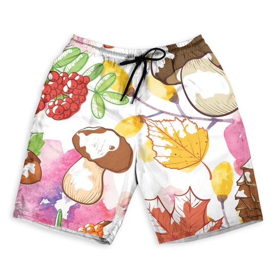 Autumn Pattern With Mushrooms Berries Men Beach Shorts, Hawaiian clothes
