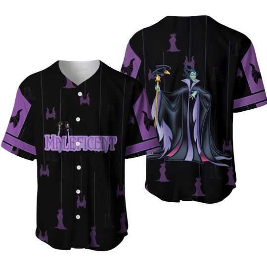 Maleficent Purple Black Stripes Patterns Disney Unisex Cartoon Casual Outfits Custom Baseball Jersey Personalized Shirt Men Women