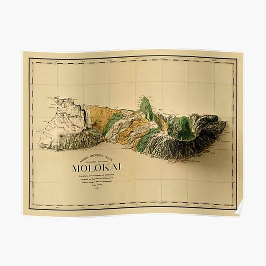 1897 Molokai Relief Map 3D digitally-rendered Premium Matte Vertical Poster