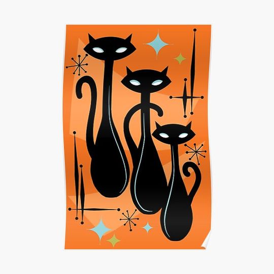Effervescent Orange Atomic Age Black Kitschy Cat Trio Premium Matte Vertical Poster