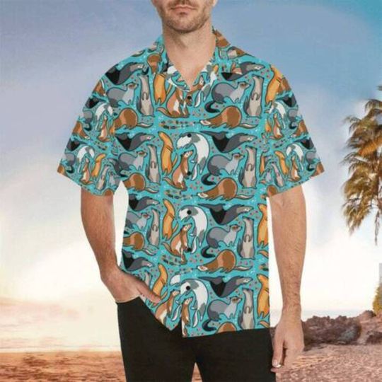 Ferret Lover Hawaiian Shirt, Hawaiian Shirt Men, Button Up Shirt, Ferret Owner Gift, Summer Hawaii Shirt, Aloha Hawaiian Shirt