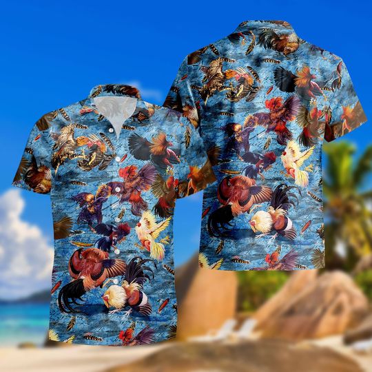 Chicken Rooster Fighting Tropical Summer Beach Hawaiian Shirt