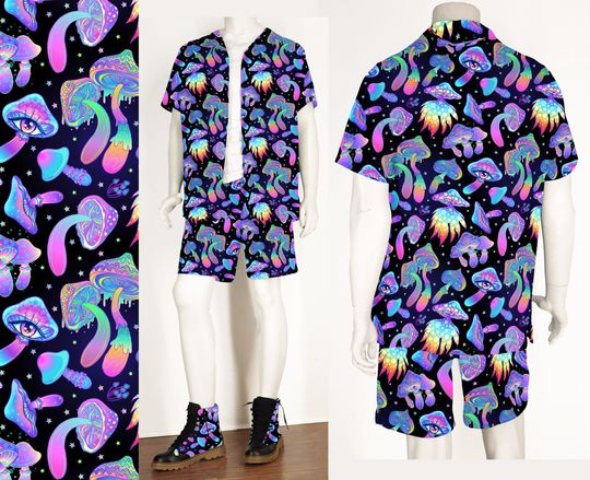 Rave Outfits Mens Trippy Mushrooms Button Up Shirt and Shorts