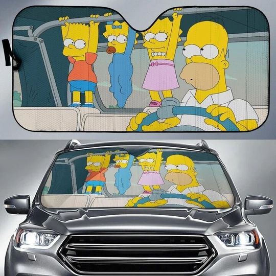 The Simpsons Family In Car Sun Shade, Cartoon Car Sunshade, Disney Car Accessories